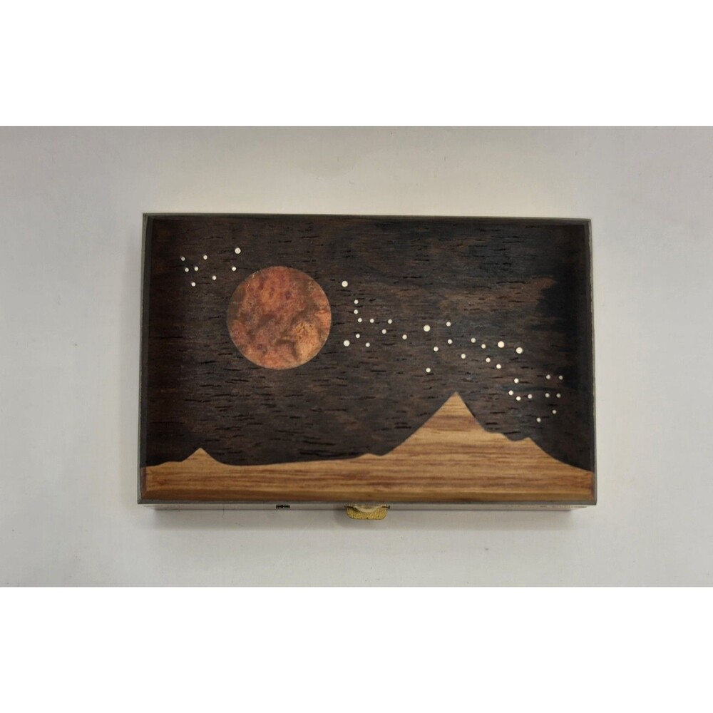 Vintage Moon And Stars Over Mountains Wood Inlay Small Trinket Box Gold Tone